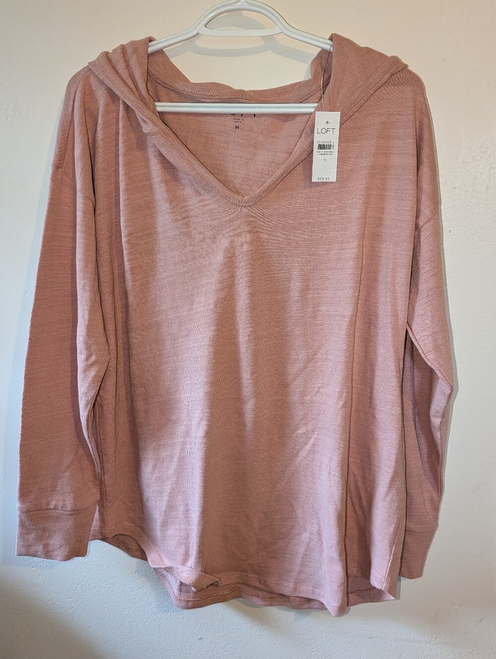 LOFT Dusty Rose V-Neck Hooded Long Sleeve Top NWT